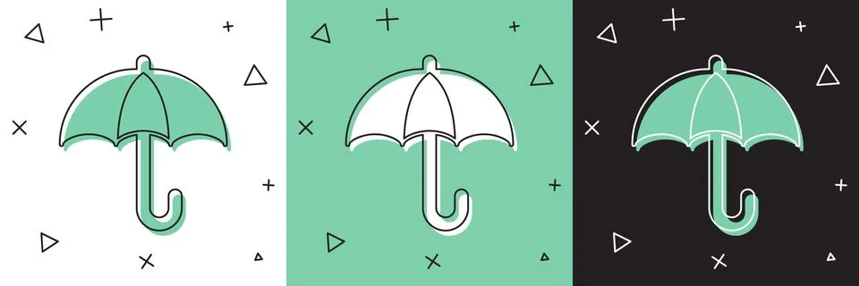 Set Classic elegant opened umbrella icon isolated on white and green, black Illustrazione stock