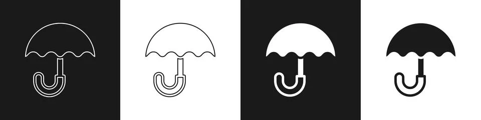 Set Classic elegant opened umbrella icon isolated on black and white background Illustrazione stock
