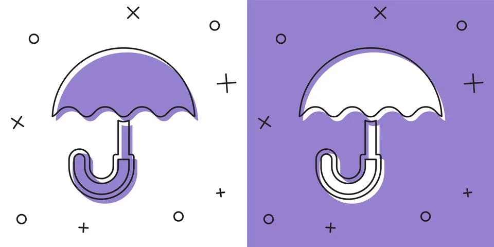 Set Classic elegant opened umbrella icon isolated on white and purple background Illustrazione stock