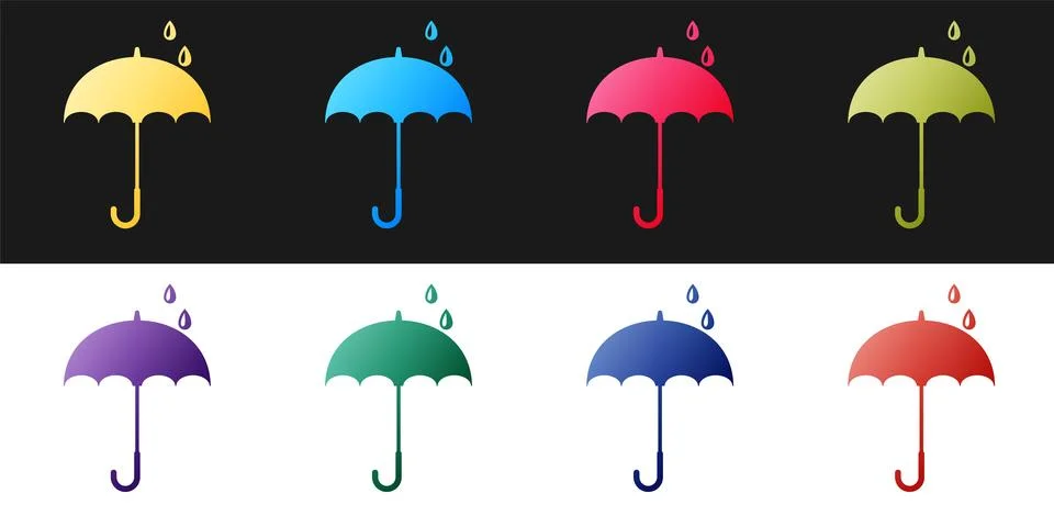 Set Classic elegant opened umbrella icon isolated on black and white background Illustrazione stock