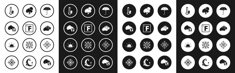 Set Classic elegant opened umbrella, Fahrenheit, and cloud, Thermometer, Su.. Stock Illustration