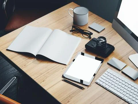 Set of classic elements on the modern workspace. 3D rendering 写真素材