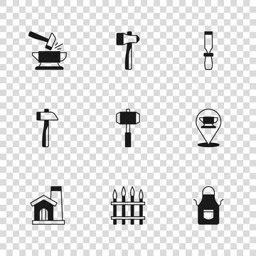Set Classic iron fence, Blacksmith anvil tool, apron, Sledgehammer, Rasp me.. Stock Illustration