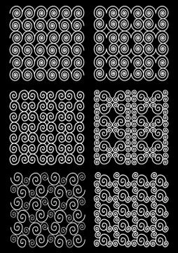 Set of classic patterned tiles, ornament composed from spiral, white drawing  Stock Illustration