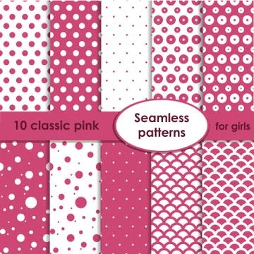 Set of classic pink seamless patterns with dots Stock Illustration
