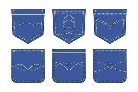 Set of classic stitched jeans pockets. Denim pocket patches Stock Illustration