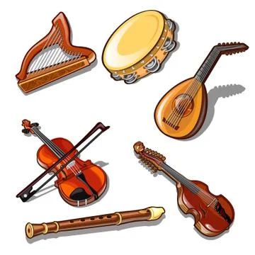 A set of classic strings, percussion and wind musical instruments isolated on Stock Illustration