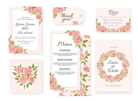 A set of classic templates for a wedding. Elegant pink roses. For invitation Illustrazione stock