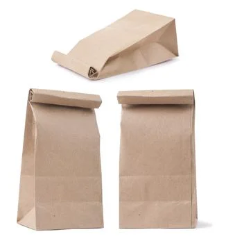 Set of classical brown paper bag in three different foreshortenings isolated on 스톡 사진