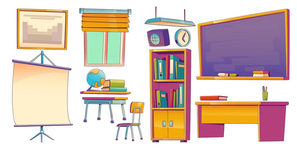 Set of classroom furniture, class interior stuff Stock Illustration