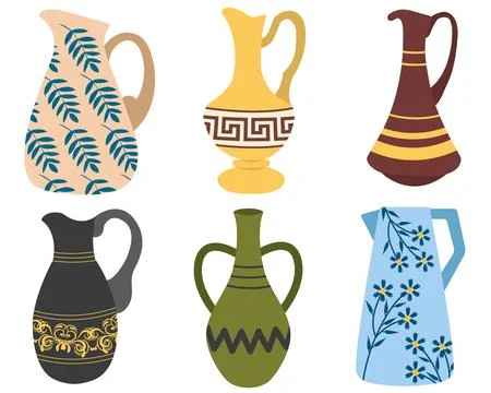Set of clay jugs of different shapes and colors. Stock Illustration
