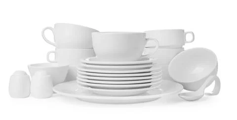 Set of clean dishware isolated on white Stock Photos