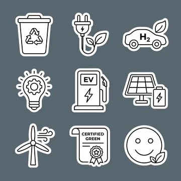 Set of clean energy and eco-friendly icons including recycling bin, electri.. Stock Illustration