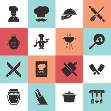 Set of clean icons featuring various kitchen utensils and cooking related Stock Illustration
