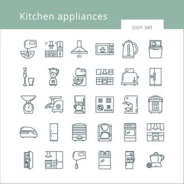 Set of clean icons featuring various kitchen utensils and cooking related Stock Illustration