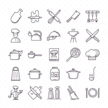 Set of clean icons featuring various kitchen utensils and cooking related Stock Illustration