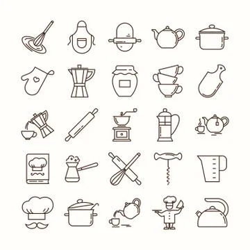 Set of clean line icons featuring various kitchen utensils and cooking related Stock Illustration