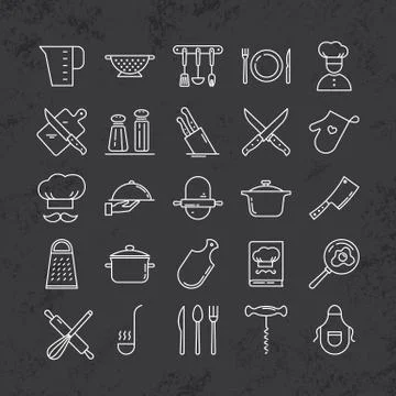 Set of clean line icons featuring various kitchen utensils and cooking related Stock Illustration