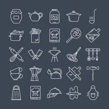 Set of clean line icons featuring various kitchen utensils and cooking related Stock Illustration