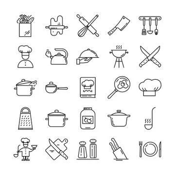 Set of clean line icons featuring various kitchen utensils and cooking related Stock Illustration