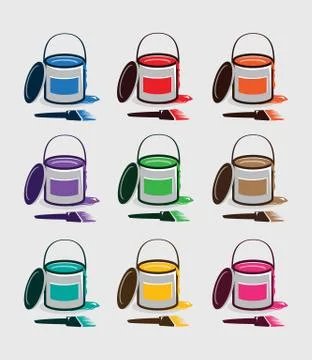 Set of clean paint buckets with various colors. Illustrazione stock
