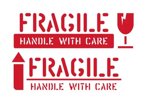 Set of clean rubber logistics box signs. Fragile, this way up, handle with care Stock Illustration