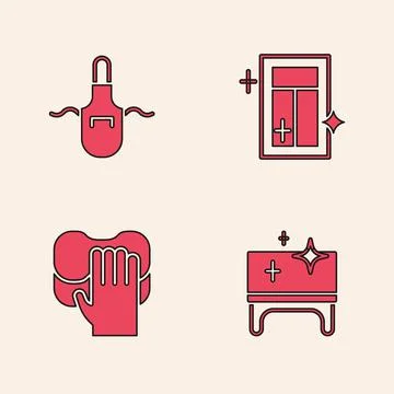 Set Clean table, Kitchen apron, Cleaning service for window and icon. Vector 스톡 일러스트