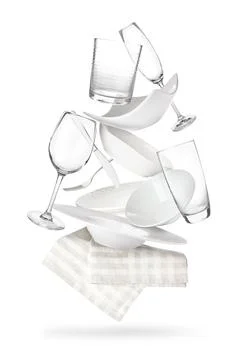 Set of clean tableware and napkin in flight on white background Stock Photos