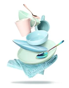Set of clean tableware and napkin in flight on white background Stock Photos