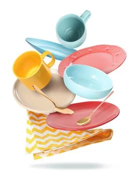 Set of clean tableware and napkin in flight on white background Stock Photos