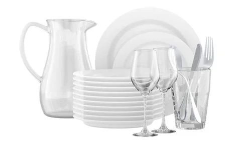 Set of clean tableware, dishes. 3D rendering Set of clean tableware, dishe... Stock Photos
