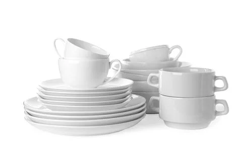 Set of clean tableware isolated on white Stock Photos