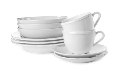 Set of clean tableware isolated on white Stock Photos