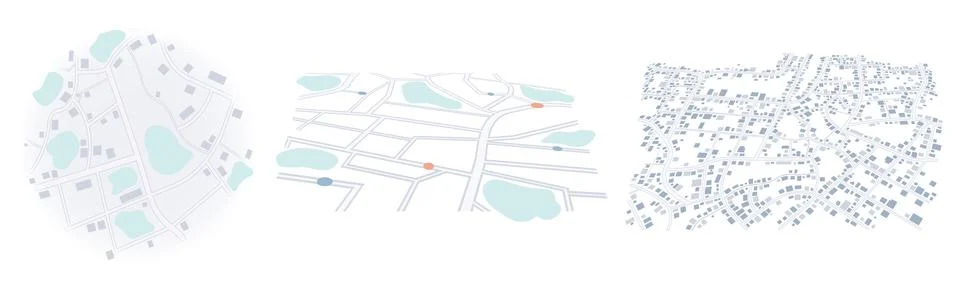 Set of clean urban map designs featuring buildings, green spaces, roads Stock Illustration