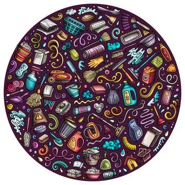 Set of Cleaning cartoon doodle objects. Round composition Stock Illustration