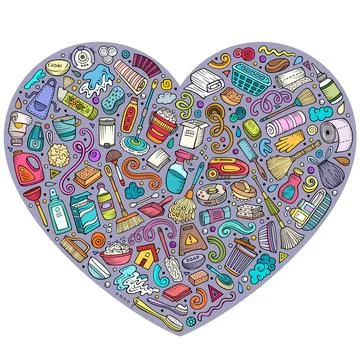 Set of Cleaning cartoon doodle objects. Heart form composition Stock Illustration