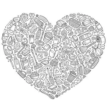 Set of Cleaning cartoon doodle objects. Heart form composition Stock Illustration