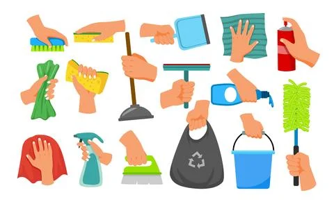 Set of cleaning hands gesture collection with holding scrub brush, squeeze .. Stock Illustration