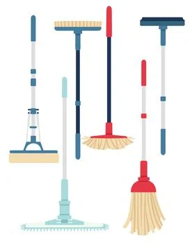 Set of cleaning modern plastic mops domestic must have tools flat vector illu Stock Illustration