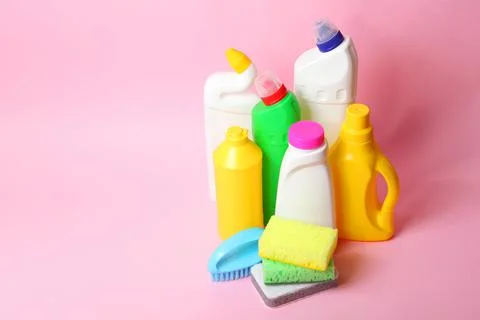 Set of cleaning products on a colored background close-up with a place for text Stock Photos