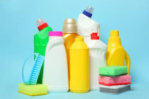 Set of cleaning products on a colored background close-up with a place for text Stock Photos