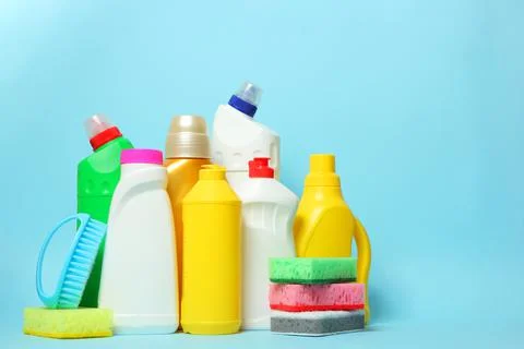 Set of cleaning products on a colored background close-up with a place for text Stock Photos