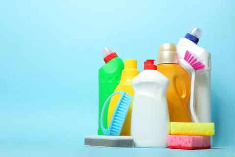 Set of cleaning products on a colored background close-up with a place for text Stock Photos