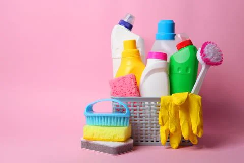 Set of cleaning products on a colored background close-up with a place for text Stock Photos