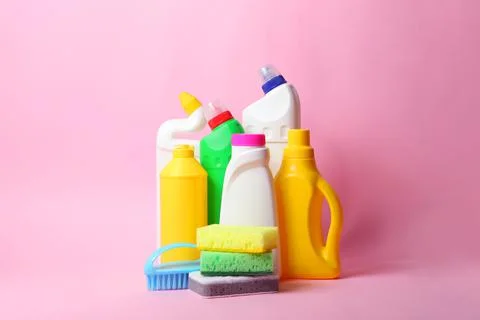 Set of cleaning products on a colored background close-up with a place for text Stock Photos