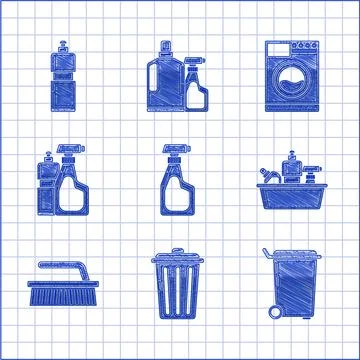 Set Cleaning spray bottle with detergent liquid, Trash can, Plastic bottles for Illustrazione stock