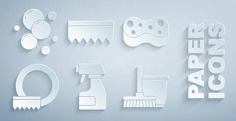 Set Cleaning spray bottle, Sponge, Washing dishes, Mop and bucket, and Soap Stock-Illustration