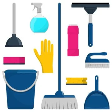 Set of cleaning tools and detergents isolated on white. Vector illustration Stock Illustration