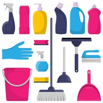 Set of cleaning tools and detergents isolated on white. Vector illustration Stock Illustration