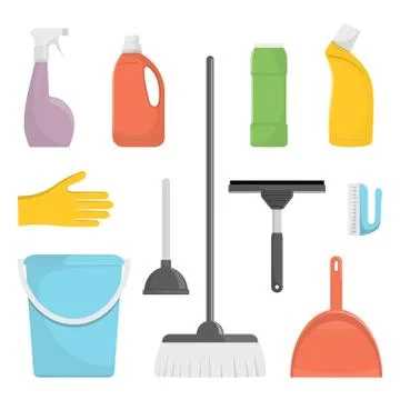Set of cleaning tools and detergents. Bucket, scoop and brush for sweeping, w Stock Illustration